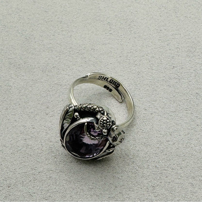 Amethyst Snake and Leaves Adjustable Ring