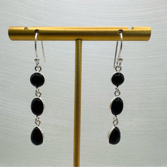S925 Triple Black Onyx Dangle Earrings