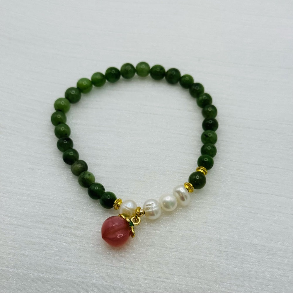 Jade Stretchy Bracelet with Peach Charm
