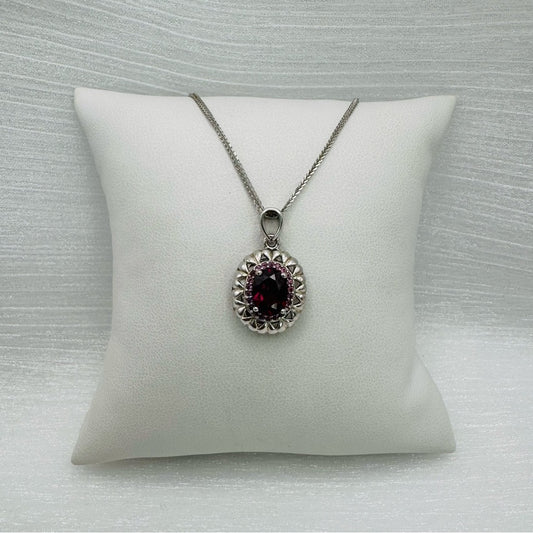 S925 Oval Purple Garnet With Pave Crystal Pendant
