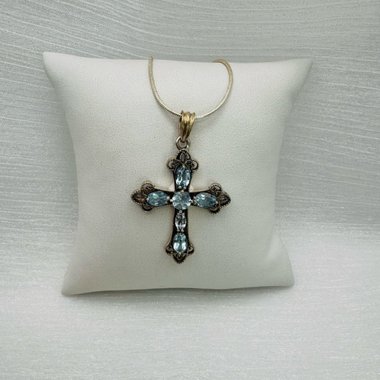 S925 Aquamarine Cross Pendant