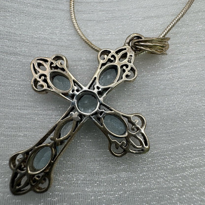 S925 Aquamarine Cross Pendant