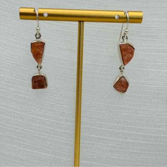 S925 Natural Sunstone Double Drop Dangle Earrings
