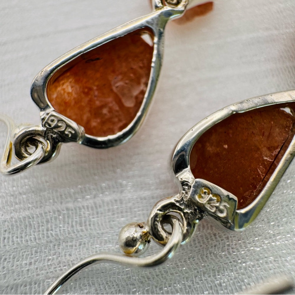 S925 Natural Sunstone Double Drop Dangle Earrings