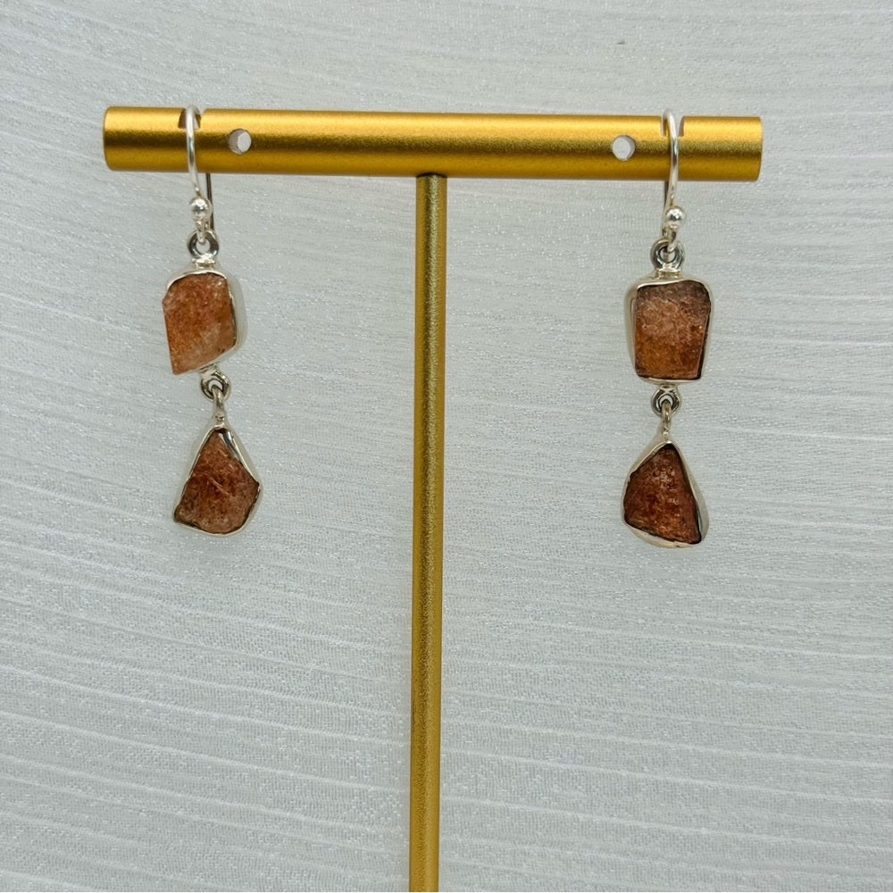 S925 Natural Sunstone Double Drop Dangle Earrings