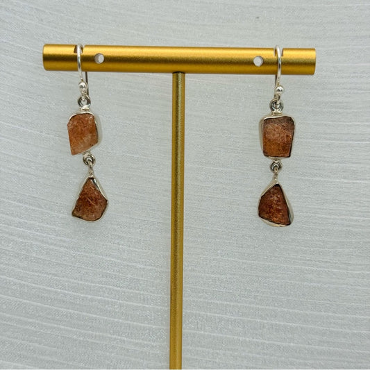 S925 Natural Sunstone Double Drop Dangle Earrings