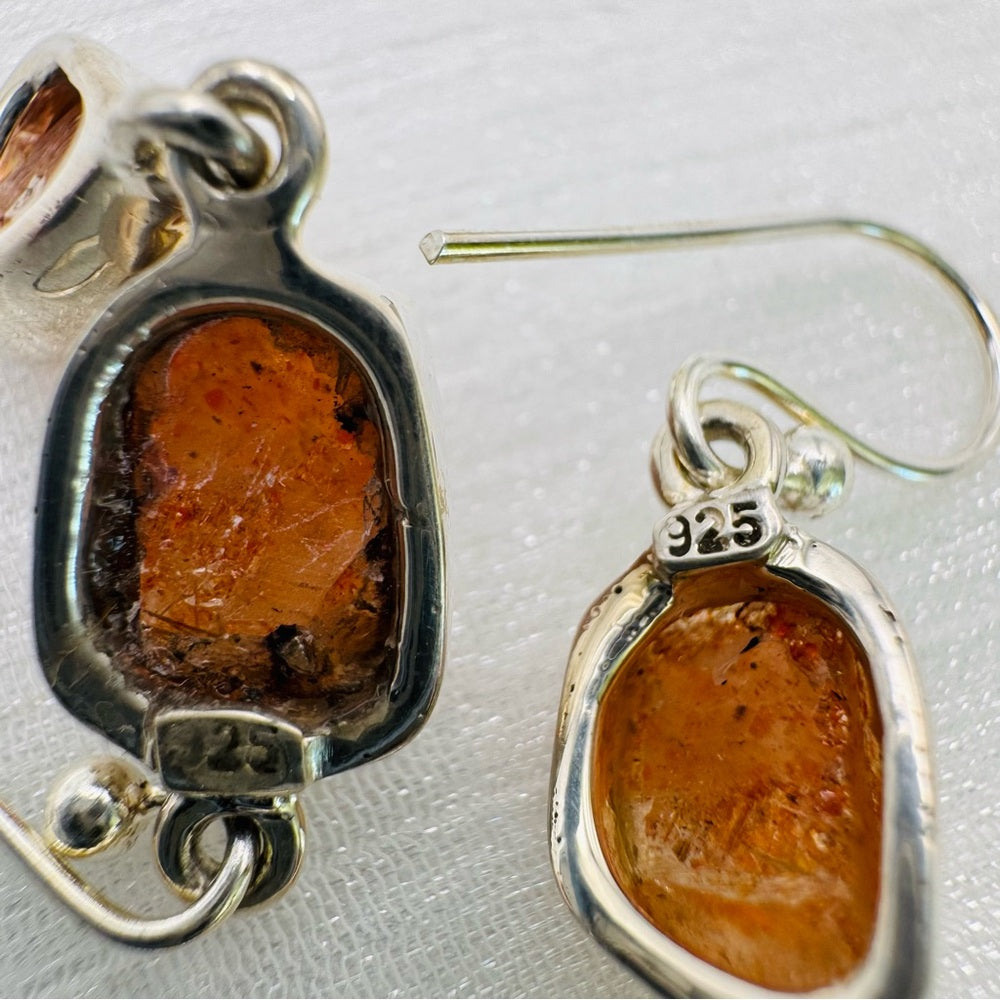 S925 Natural Sunstone Double Drop Dangle Earrings