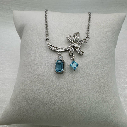 S925 Double Swiss Blue Topaz Bow Necklace