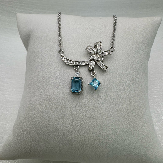 S925 Double Swiss Blue Topaz Bow Necklace
