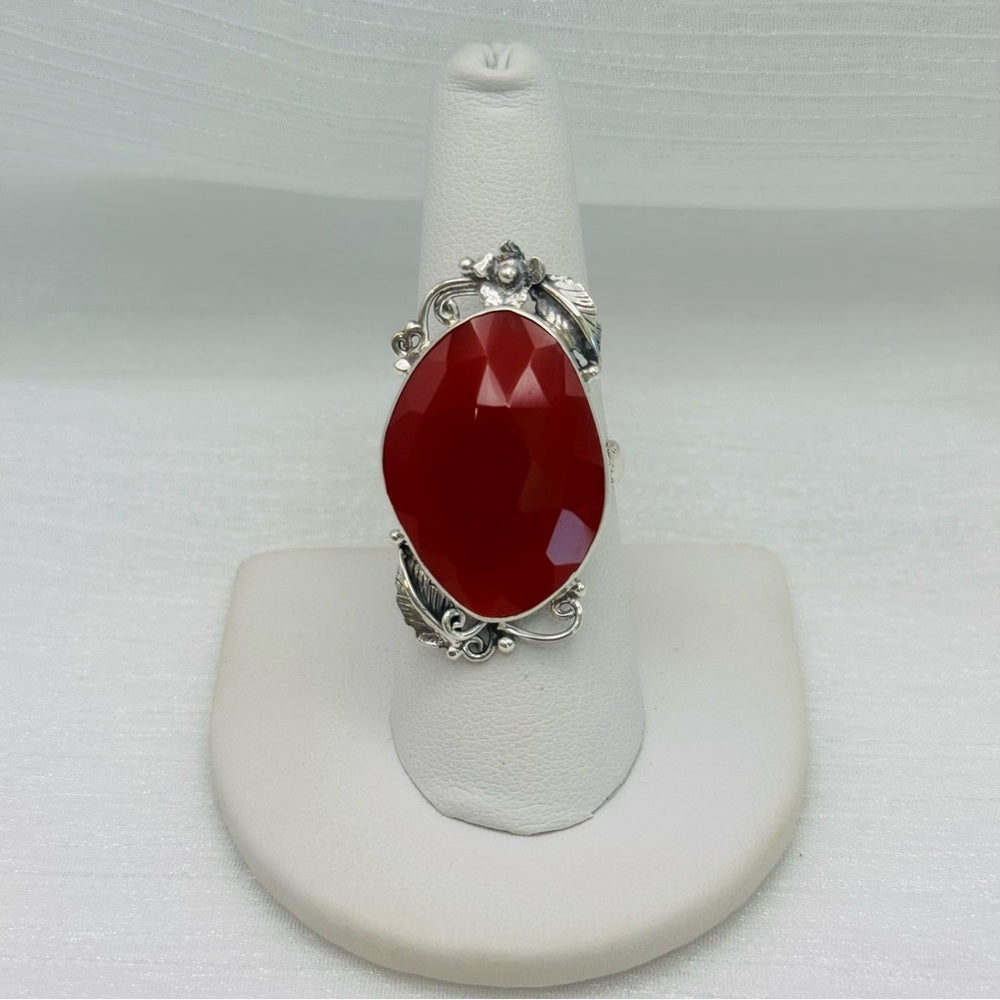 Large Faceted Carnelian Silver Detail Ring