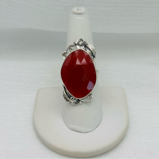 S925 Large Faceted Carnelian Silver Detail Ring