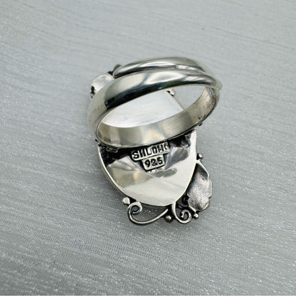 S925 Large Faceted Carnelian Silver Detail Ring