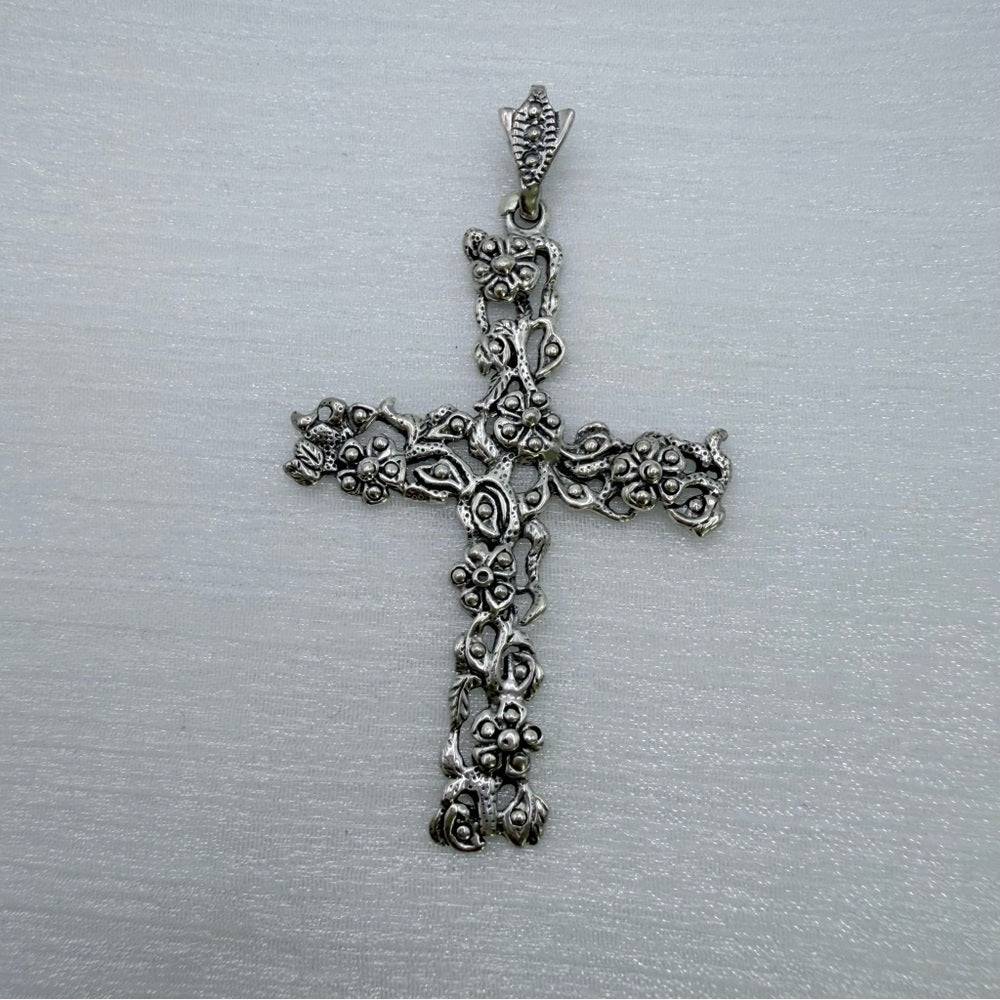 S925 Sterling Silver Flower Cross Pendant