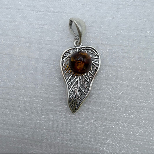S925 Baltic Amber Leaf Pendant