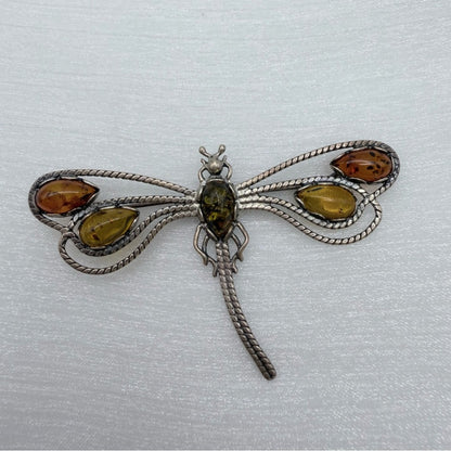 S925 Baltic Amber Dragonfly Brooch