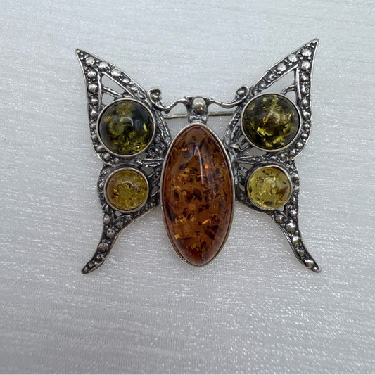 S925 Baltic Amber Butterfly Brooch