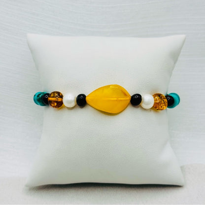 Mixed Amber and Freshwater Pearl Stretchy Bracelet