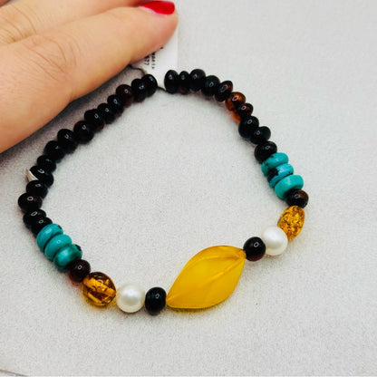 Mixed Amber and Freshwater Pearl Stretchy Bracelet