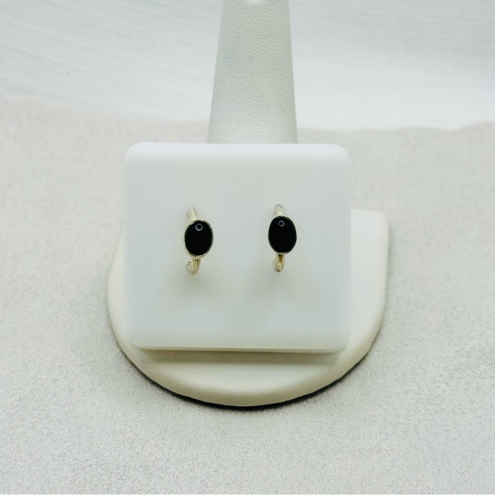 S925 Oval Black Onyx Huggie Earrings