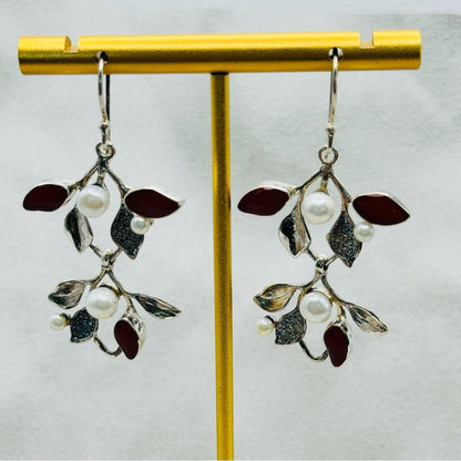 S925 Carnelian and Freshwater Pearl Leaf Dangle Earrings