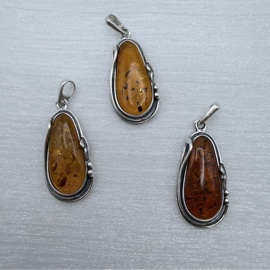 S925 Natural Amber Pendant