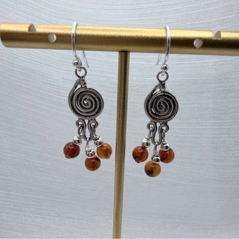 S925 Spiral with Amber Beads Dangle Earrings