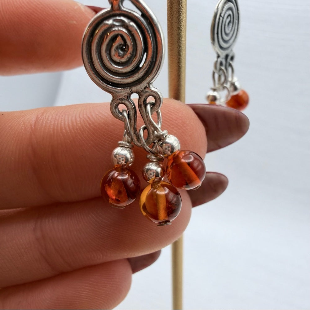 S925 Spiral with Amber Beads Dangle Earrings