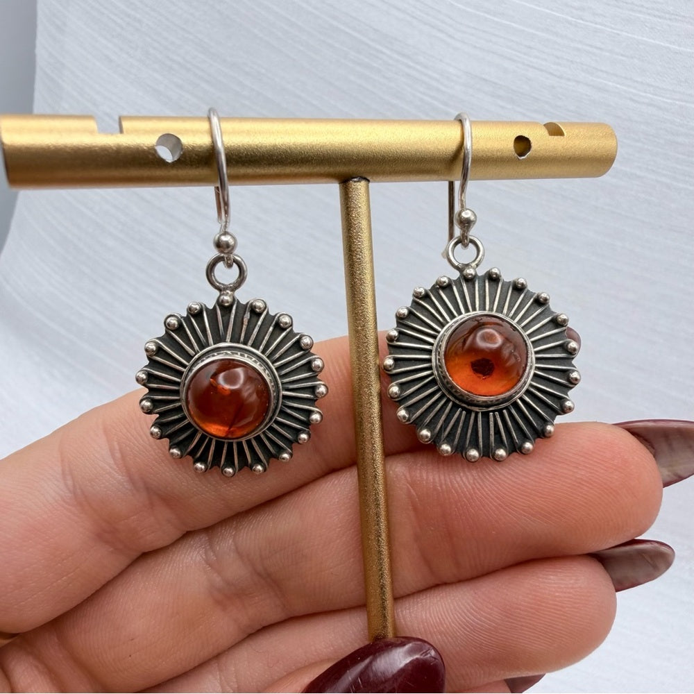 S925 Round Amber Flower Detail Earrings