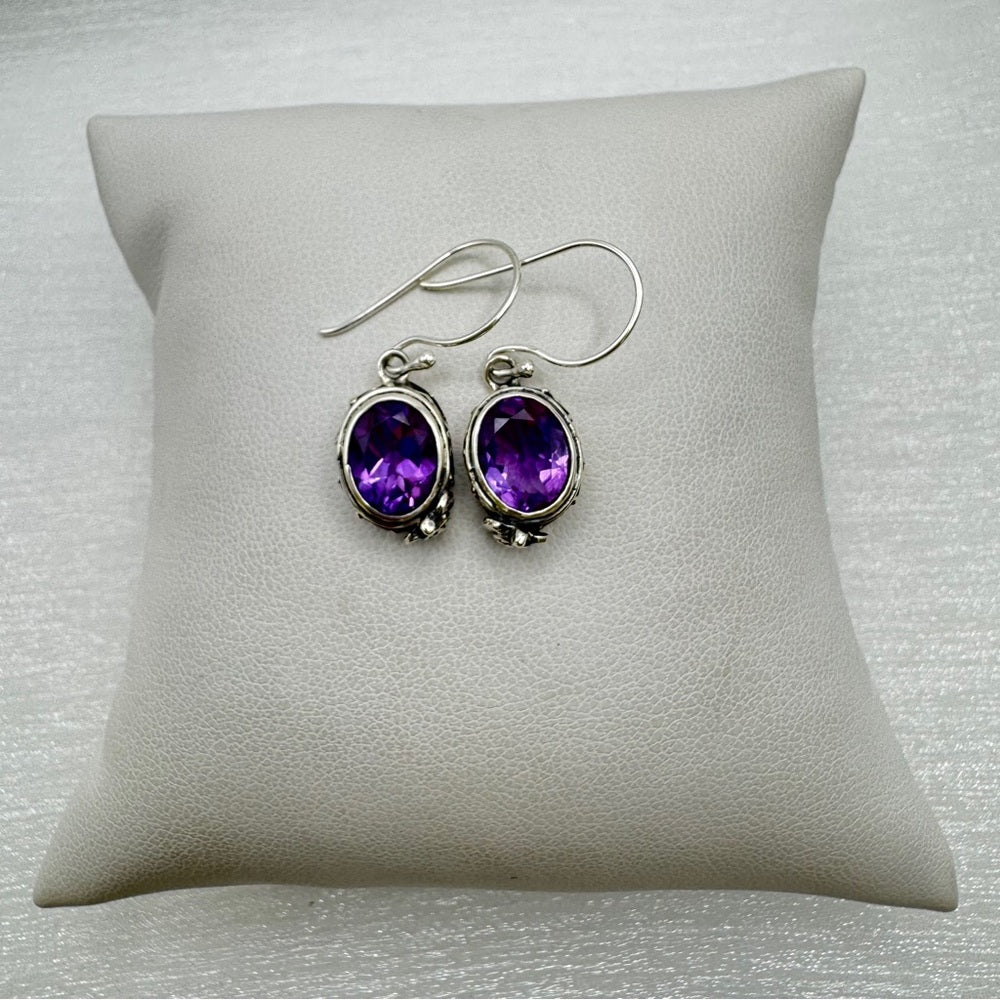 S925 Oval Amethyst Silver Detail Dangle Earrings