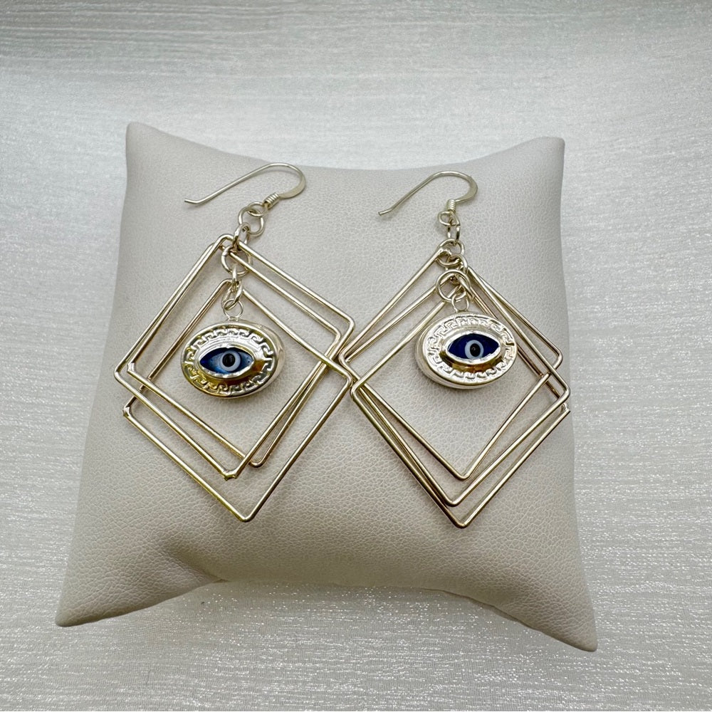 S925 Evil Eye Triple Square Dangle Earrings