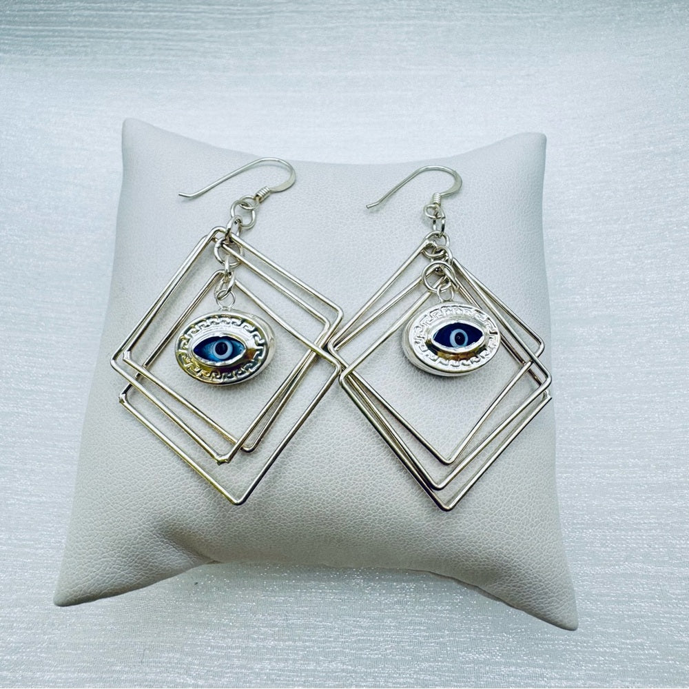 Evil Eye Triple Square Dangle Earrings