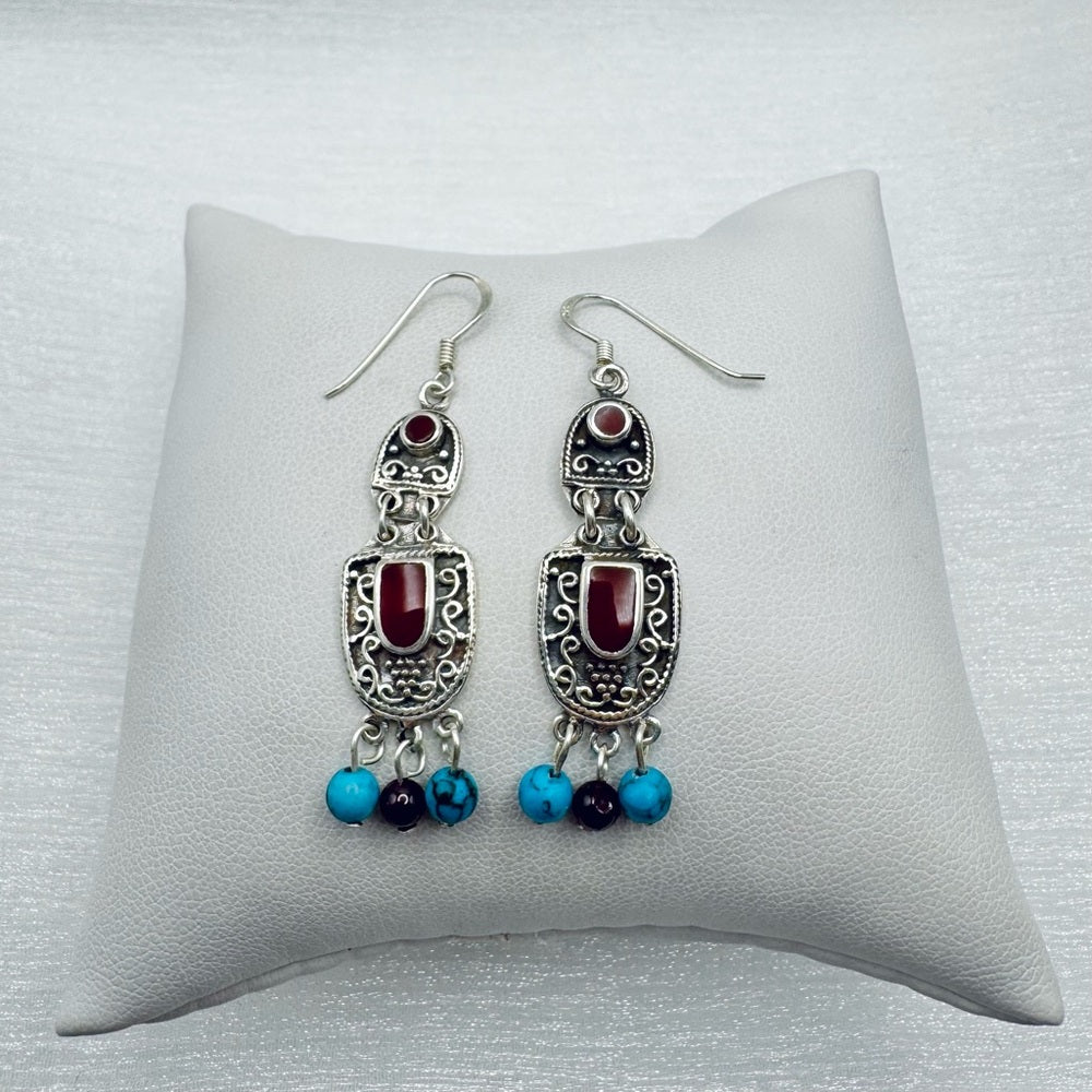 Red Coral and Turquoise Dangle Earrings