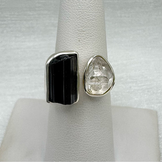 S925 Herkimer Quartz and Black Tourmaline Ring