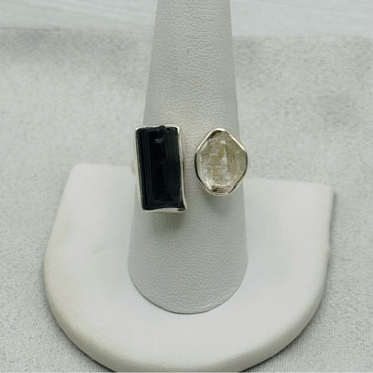 S925 Herkimer Quartz and Black Tourmaline Ring