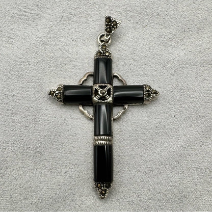 S925 Black Onyx Silver Detail Cross Pendant