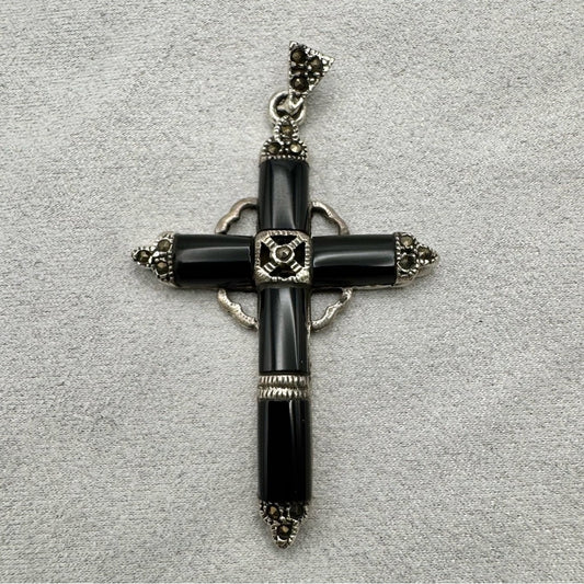 S925 Black Onyx Silver Detail Cross Pendant