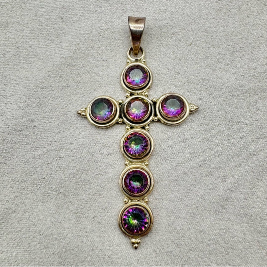 S925 Round Mystic Topaz Cross Pendant