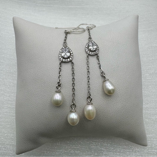 AAA CZ Teardrop And Freshwater Pearl Dangle Earrings