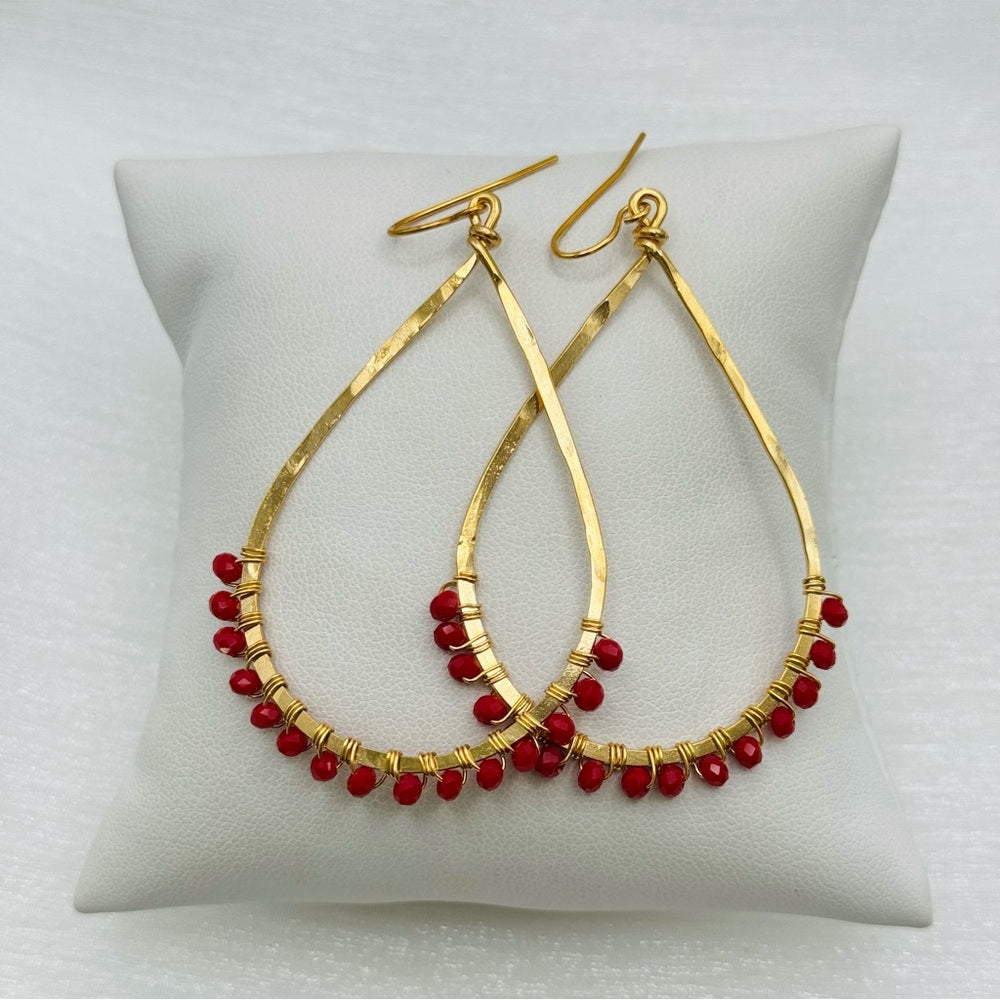#3 Gold Handmade Hammered Teardrop Earrings with Red Crystal Beads