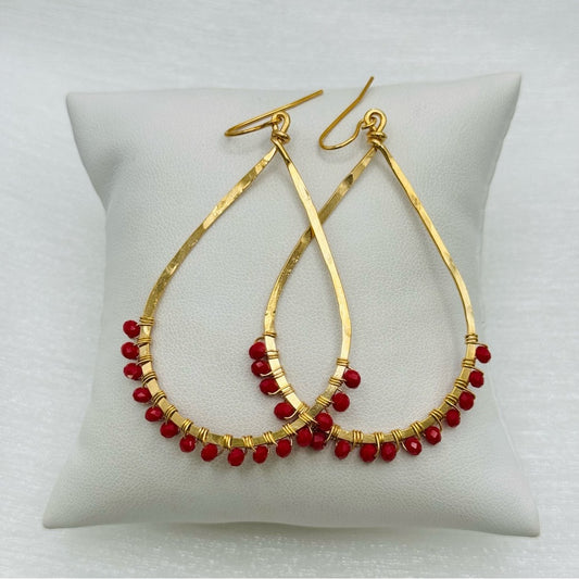 #3 Gold Handmade Hammered Teardrop Earrings with Red Crystal Beads
