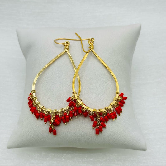 #4 Gold Handmade Hammered Teardrop Dangle Earrings with Red Crystal Beads