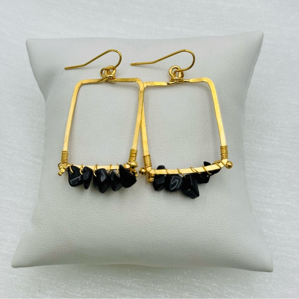 #11 Gold Handmade Hammered Square Dangle Earrings with Black Crystal Beads