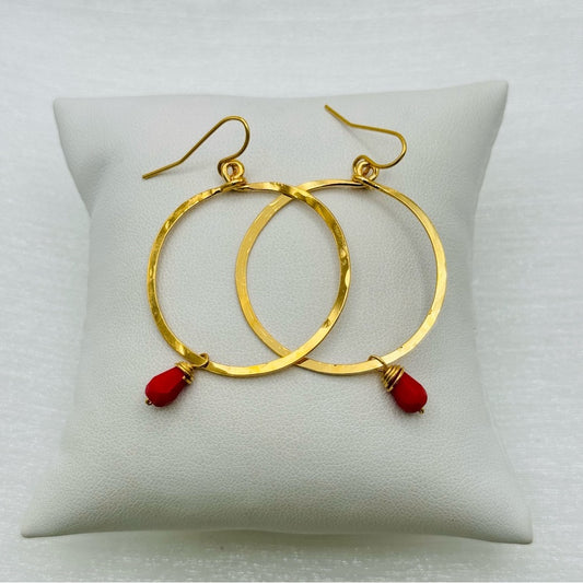 #12 Gold Handmade Hammered Circle Dangle Earrings with Red Crystal Beads
