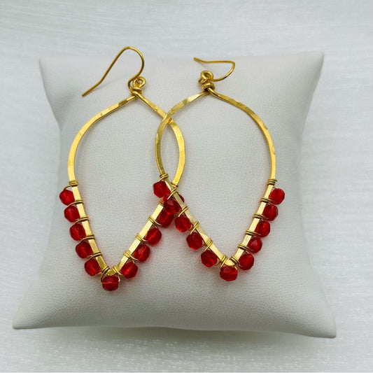 #14 Gold Hand Hammered Dangle Earrings with Red Crystal Beads