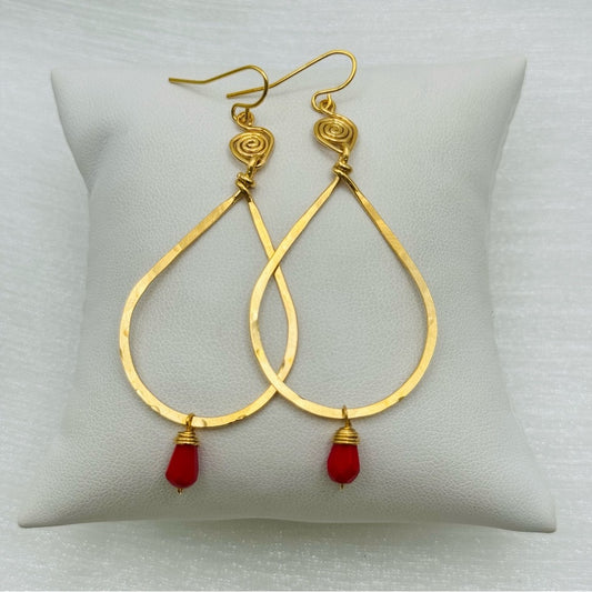 #15 Gold Hand Hammered Teardrop Dangle Earrings with Red Crystal Beads