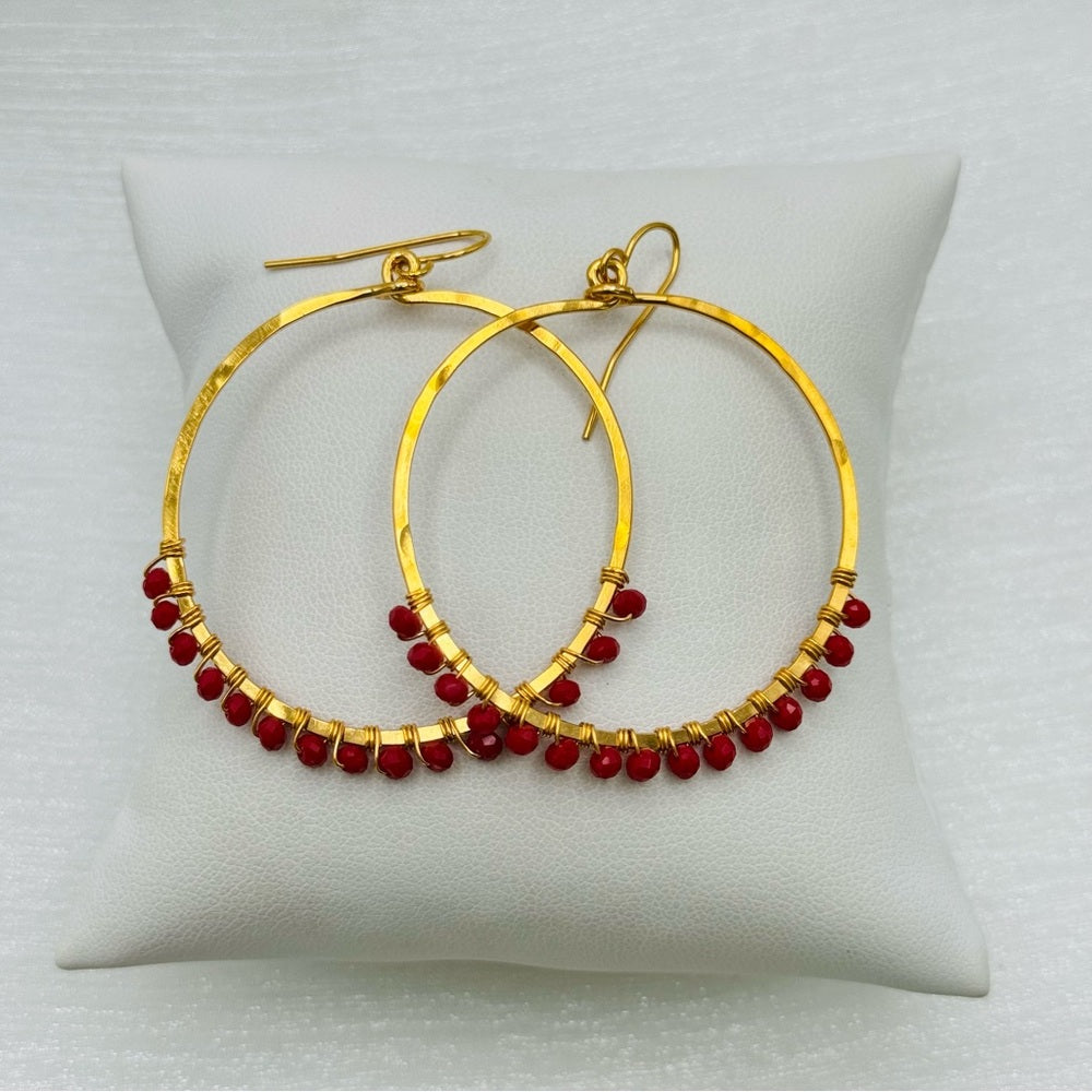 #17 Gold Handmade Hammered Circle Dangle Earrings with Red Crystal Beads
