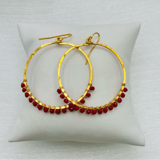 #17 Gold Handmade Hammered Circle Dangle Earrings with Red Crystal Beads