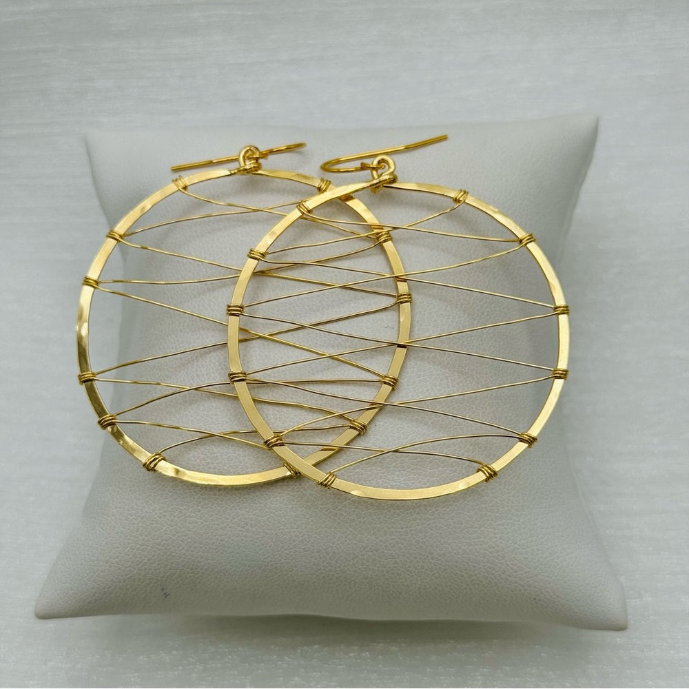 #32 Gold Handmade Hammered Wire Wrapped Circle Dangle Earrings
