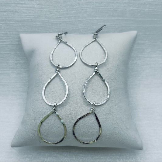 #42 Silver Handmade Hammered Triple Teardrop Dangle Earrings