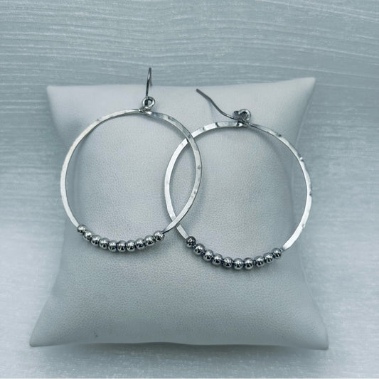 #55 Silver Handmade Hammered Beaded Circle Dangle Earrings